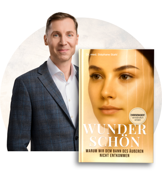 portrait-dr-stephane-stahl-siegel-neben-buchcover-mit-titel-wunderschoen-warum-wir-dem-bann-des-aeusseren-nicht-entkommen